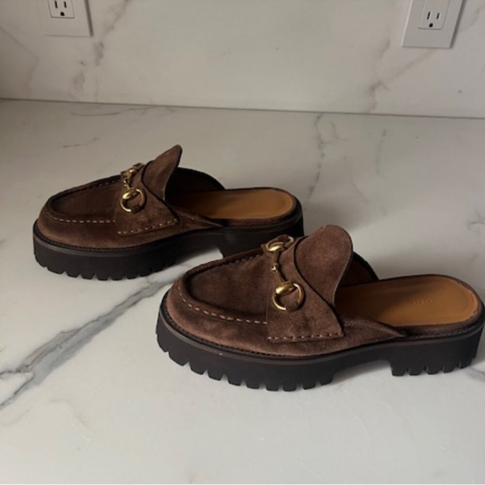 Gucci Sylke Horsebit Platform Mules Washed Brown Suede - Picture 4 of 10